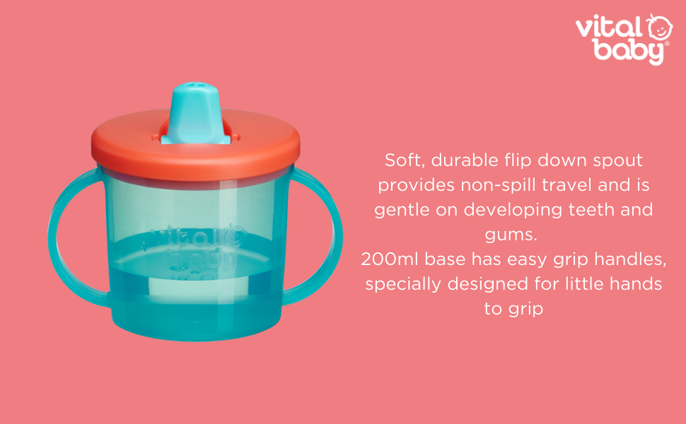 Vital Baby Free Flow Cup with NonSpill Travel Spout, Easy Grip Handles