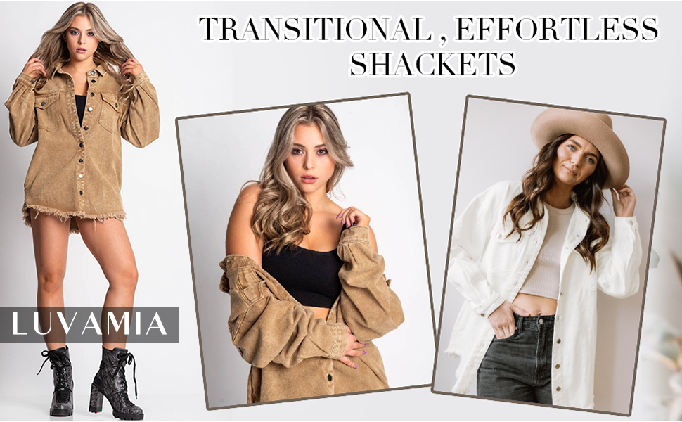 luvamia Denim Jacket for Women Button Up Frayed Hem Shacket Long Sleeve