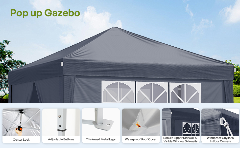 'Pop up Gazebo' in gray with white trim, shown with detail thumbnails of hardware components and setup features below main image.