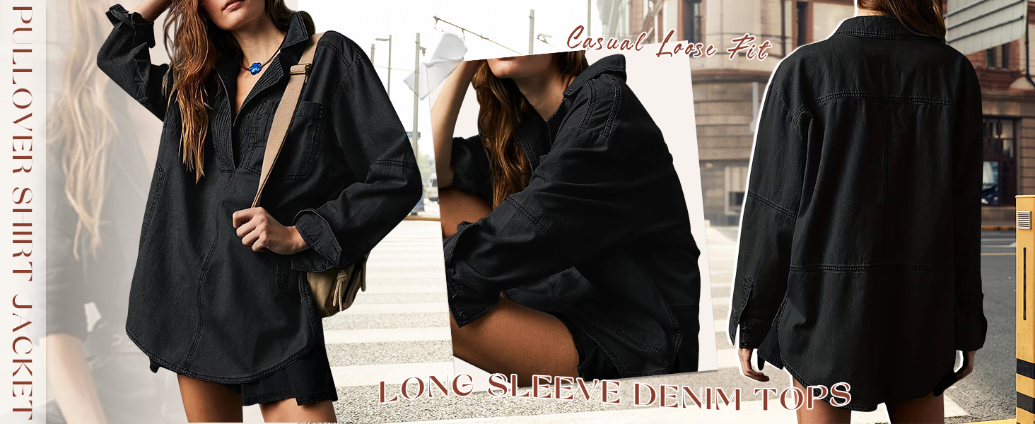 Women Long Sleeve Denim Pullover Jean Shirt V Neck Oversized Denim Shirt Hoodie Sweatshirt