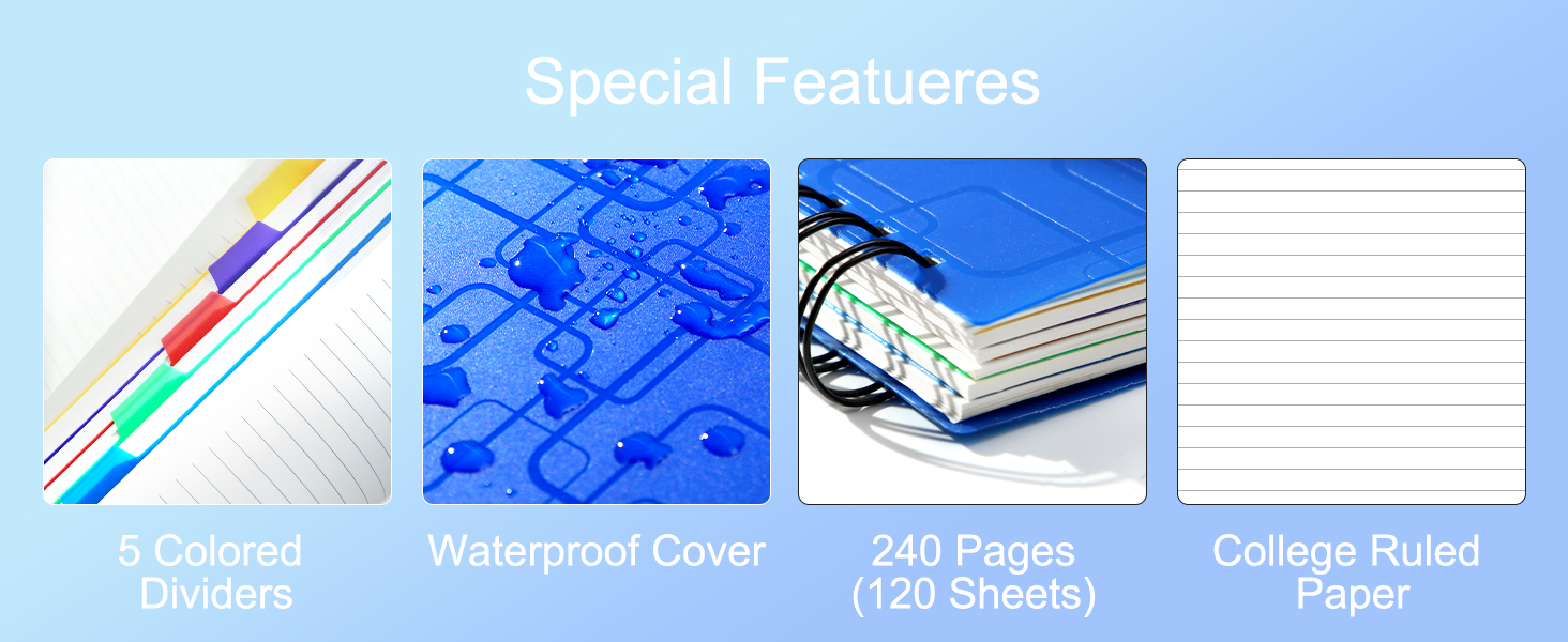 CAGIE 5 Subject Notebook With Tabs 8.5x11, College Ruled