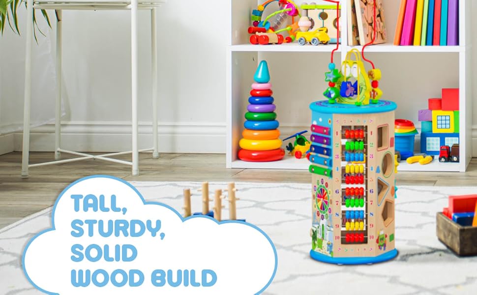 tall sturdy solid wood wooden 9 in 1 nine in one activity center for toddlers babies boy girl gifts