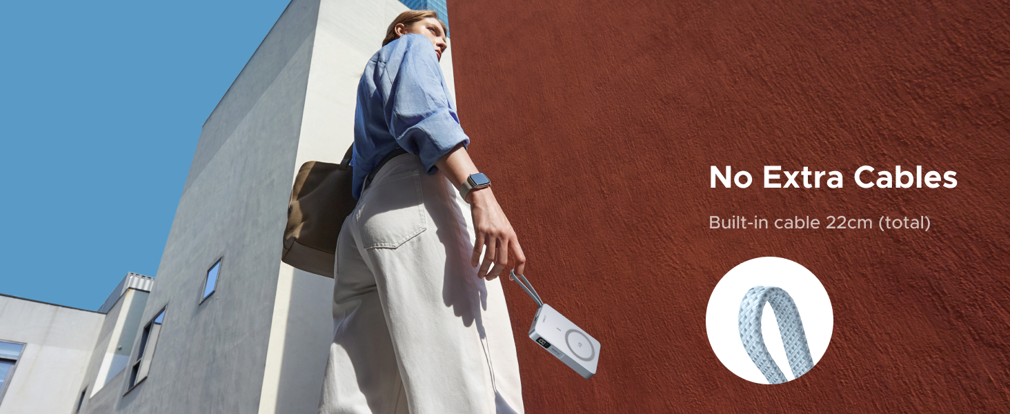 Text reads 'No Extra Cables'. Marketing image showing a slim wireless device against architectural background with blue sky and brick wall.