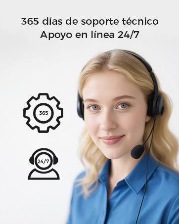 El texto dice «365 días de soporte técnico» y «Apoyo en línea 24 horas al día, 7 días a la semana». Las imágenes muestran a representantes de soporte técnico con auriculares que brindan servicio al cliente.