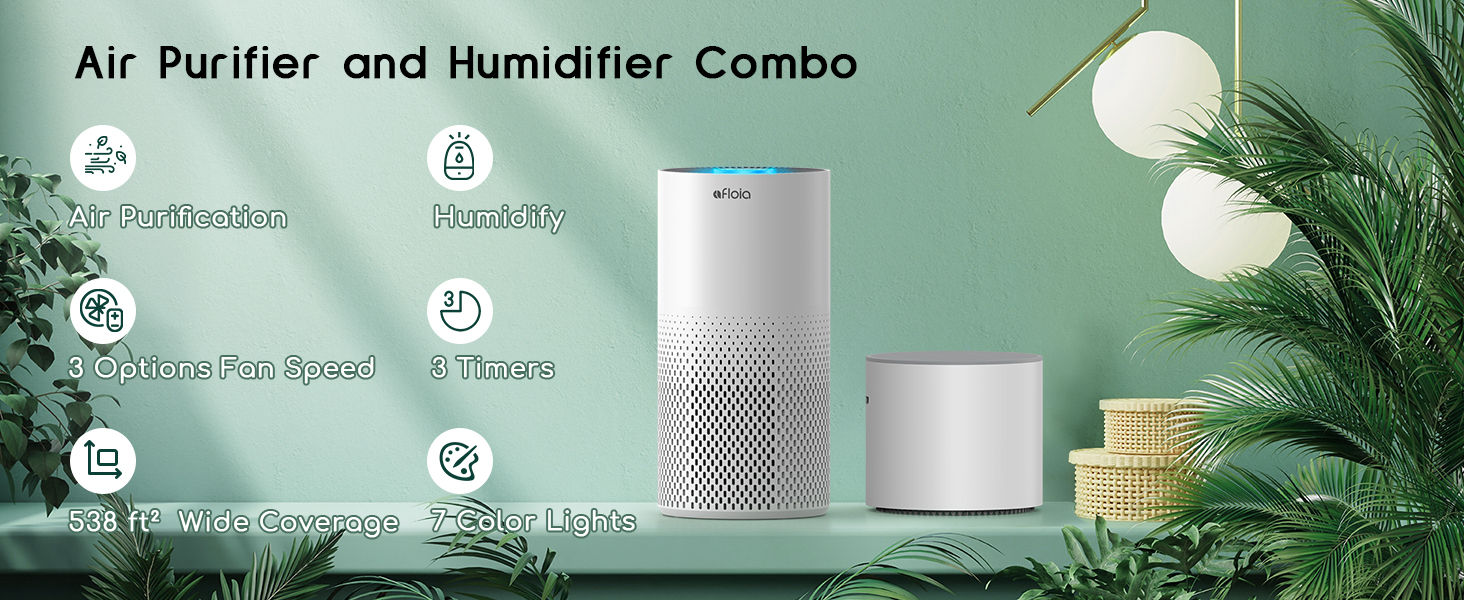 Afloia Air Purifier and Humidifier Combo for Home, 22dB 7 Color Night
