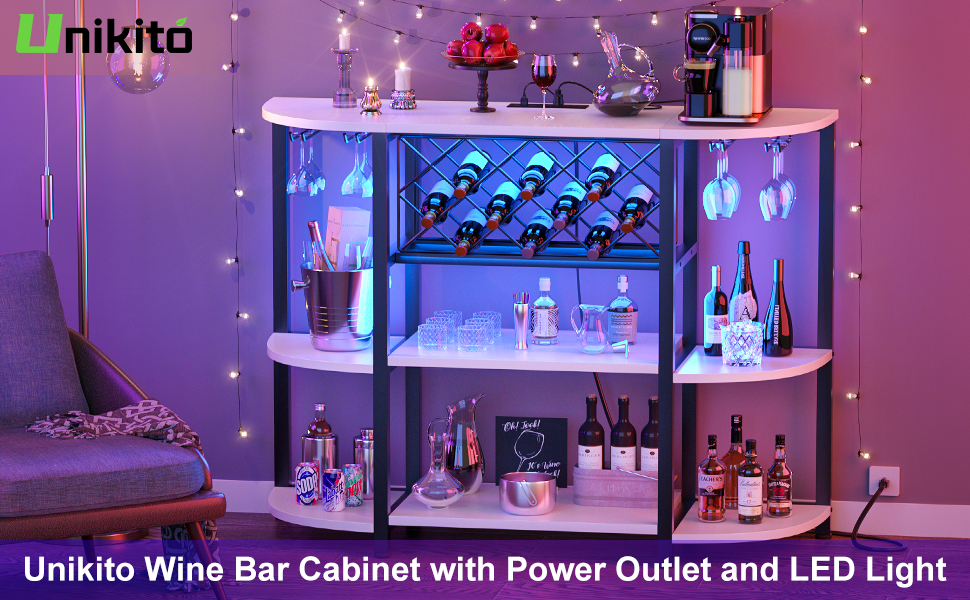 Unikito Bar Table with Charging Station,Wine Rack Table with LED light, Wine