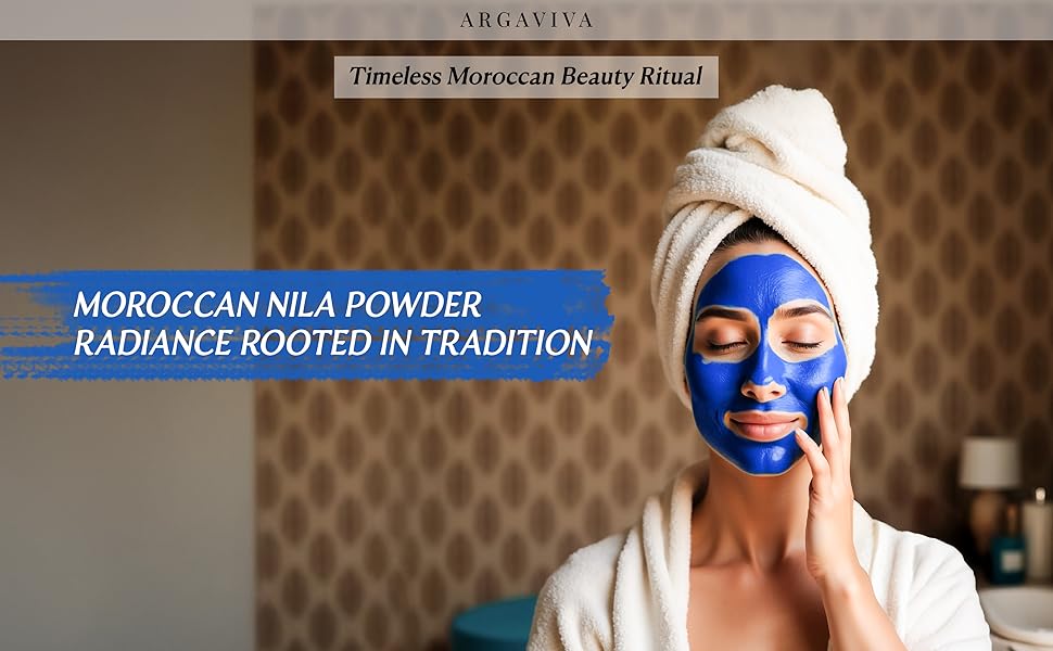 Woman with towel on head applying Moroccan Nila blue clay mask in spa setting