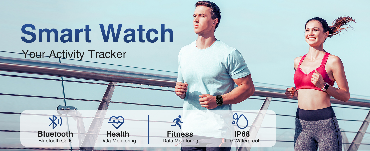 Smart watch advertisement showing man and woman running. Lists features: Bluetooth, Health, Fitness Tracker, and iPod. Text reads 'Smart Watch Your Activity Tracker'.