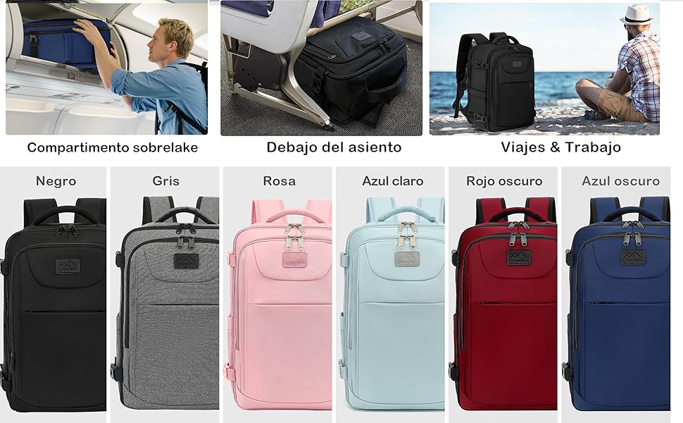 Visualización de mochilas en diferentes colores, incluidos negro, gris, rosa, azul claro, rojo y azul marino, con los escenarios de uso que se muestran arriba.