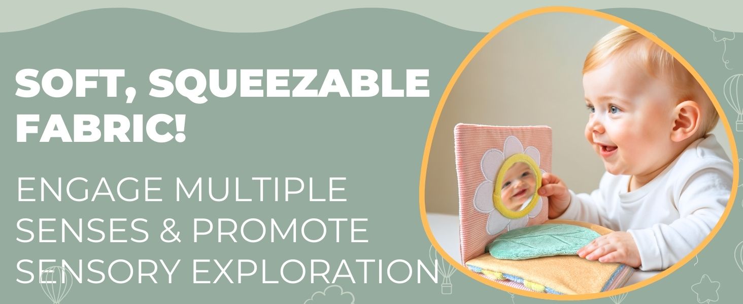 Sensory book featuring crinkle pages, peek-a-boo flaps, and textured elements for babies