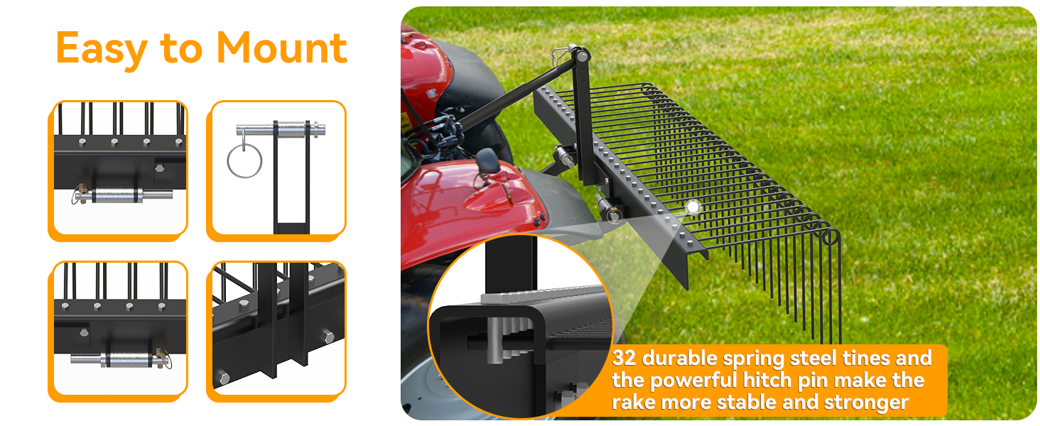 YINTATECH 72in Steel Pine Straw Rake for 3 Point Hitch