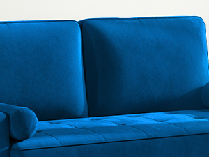 in vibrant royal blue velvet or plush fabric, offering a partial view of the upholstered seats