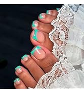 IMRAIN French Tips Press on Toe Nails Short Square Fake Toenails Glossy Nude Acrylic Glue on Toe ...