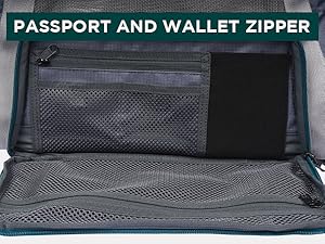 Close-up of pet carrier with passport and wallet zipper pocket, travel bag secure storage travel