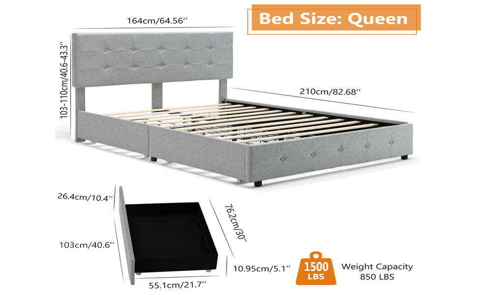 HOMFAMILIA Queen Bed Frame with Adjustable Headboard and 4