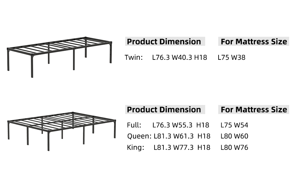 LUKIROYAL 18 inch Full Bed Frame with Steel Slats Sturdy
