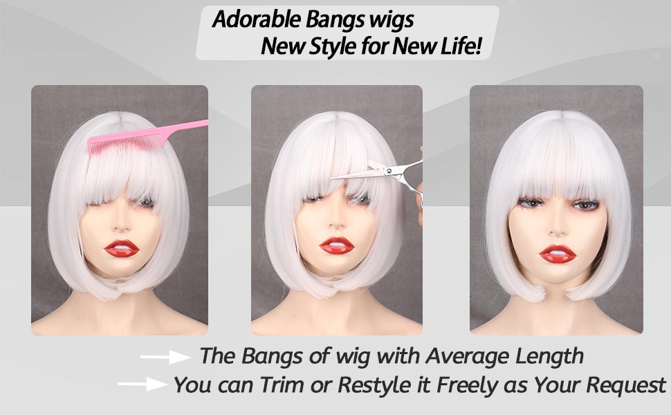 WERD Short White Bob Wig Bangs Straight White Wig for