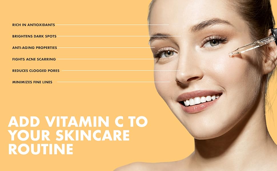 Add Vitamin C to your skincare routine, rich in antioxidants, brightens dark spots, anti-aging