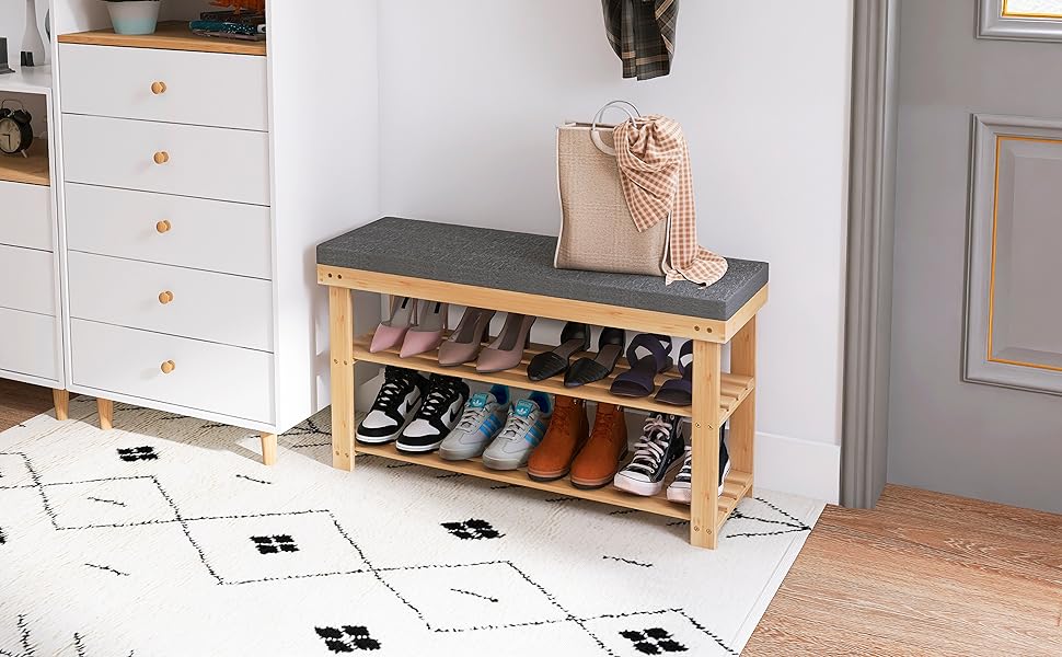 Banco de bambú para zapatos con asiento acolchado