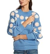 D-Sun Women Crewneck Sweater Long Sleeve Floral Embroidery Knit Pullover Sweater Flower Color Blo...