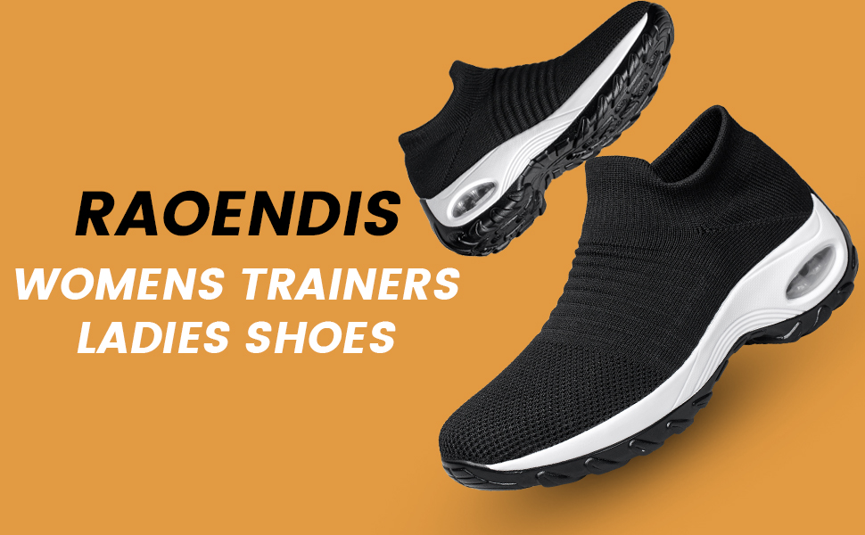 Black slip-on women's trainers with knit upper, white midsole, and air cushion heel. Shoes feature a sock-like fit and textured outsole for traction.