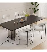 Modern dining set with black rectangular table and four white chairs with curved metal frames. Table features vase with flowers, decorative objects, and plant in background.