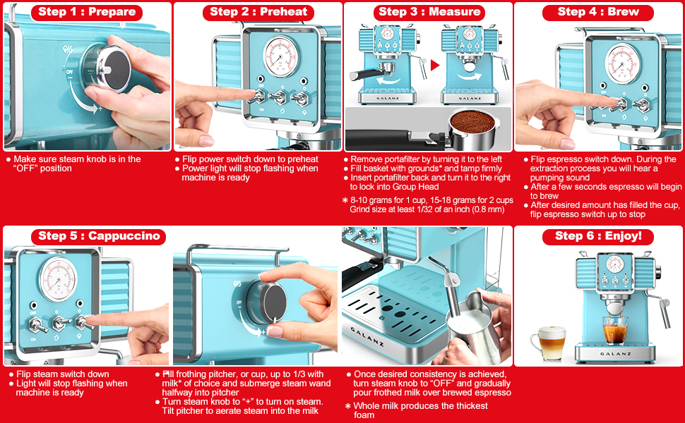Galanz Retro Espresso Machine with Milk Frother, 15 Bar Pump
