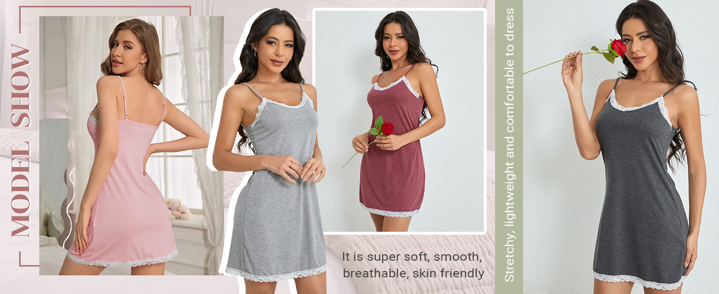 SweatyRocks Women's Sleeveless Lace Trim Nightgown Spaghetti Strap Cami Night Dress Sleepwear