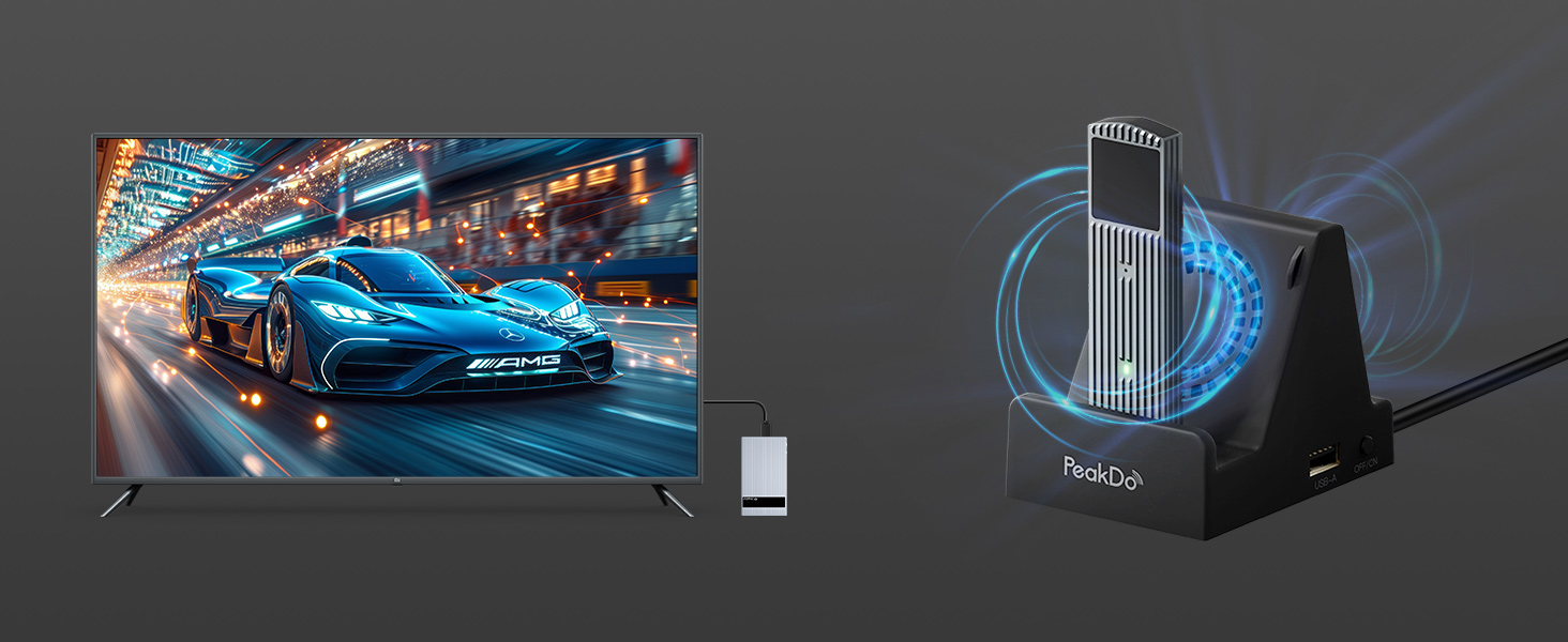 Man playing video game on large TV with PeakDo Wireless HDMI