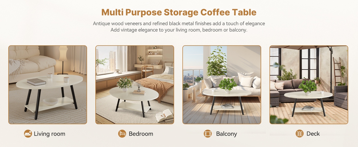 Round white coffee table with storage shelf underneath. Shown in living room, bedroom, balcony, and deck settings. Features angled black legs and modern design.
