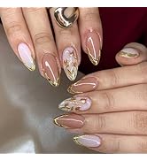 Gold French Press on Nails Medium Almond Fake Nails with Designs Flower Glue on Nails Nude Pink A...