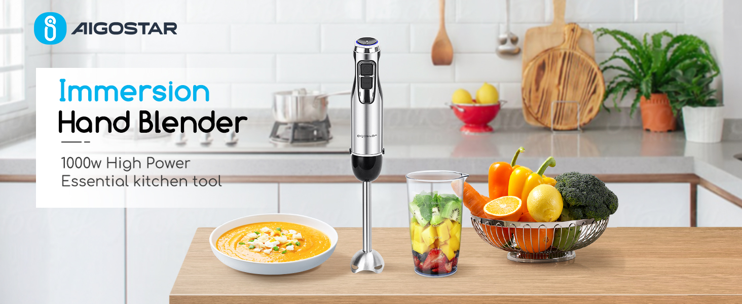 Batidora Mano, 1000 W, 4 Cuchillas De Acero Inoxidable 304, Batidora De Mano Con 6 Velocidades Y Función Turbo, Incluye Un Vaso Medidor De 600 Ml, Libre De BPA, Negro Y Plateado - Aigostar Mixmaster 12 Batidora Mano