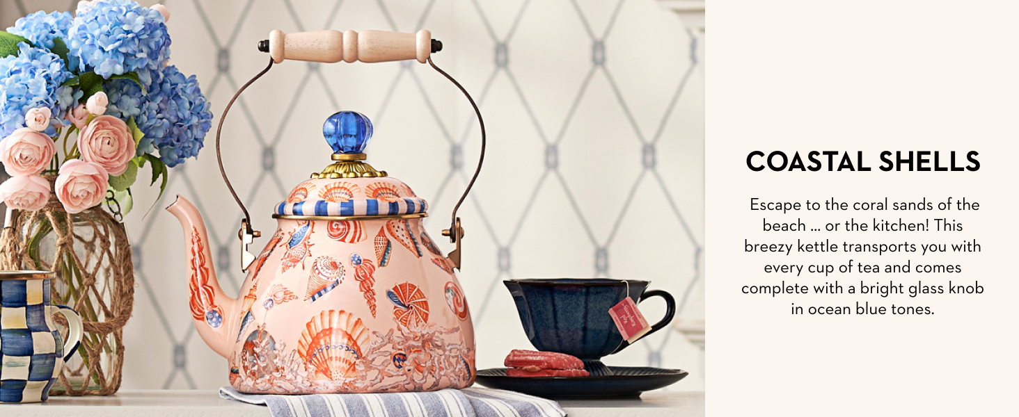 Beach theme, nautical coastal shell design tea kettle.