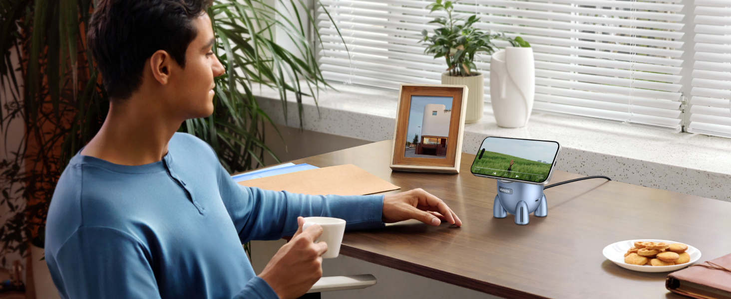 Another view of person at desk using computer, shown from side angle, with home office setup including photo frame and houseplants visible.