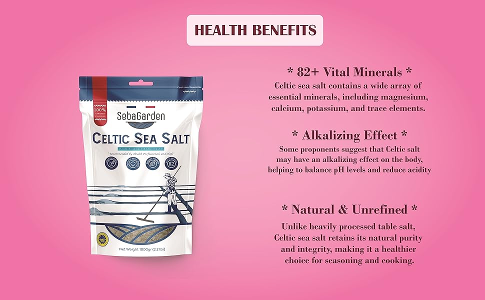 Pacchetto di sale marino celtico SelenGarden con informazioni sui benefici per la salute visualizzate su sfondo rosa, che evidenziano