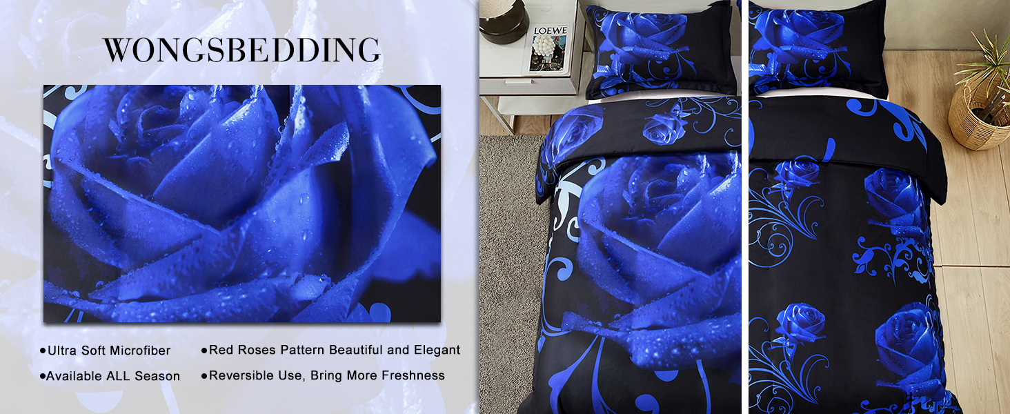 WONGS BEDDING Rose Duvet Cover Queen Size, Reversible Blue