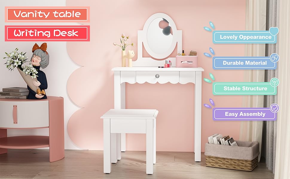 Kids Vanity Little Girls Vanity Set with Mirror and Stool