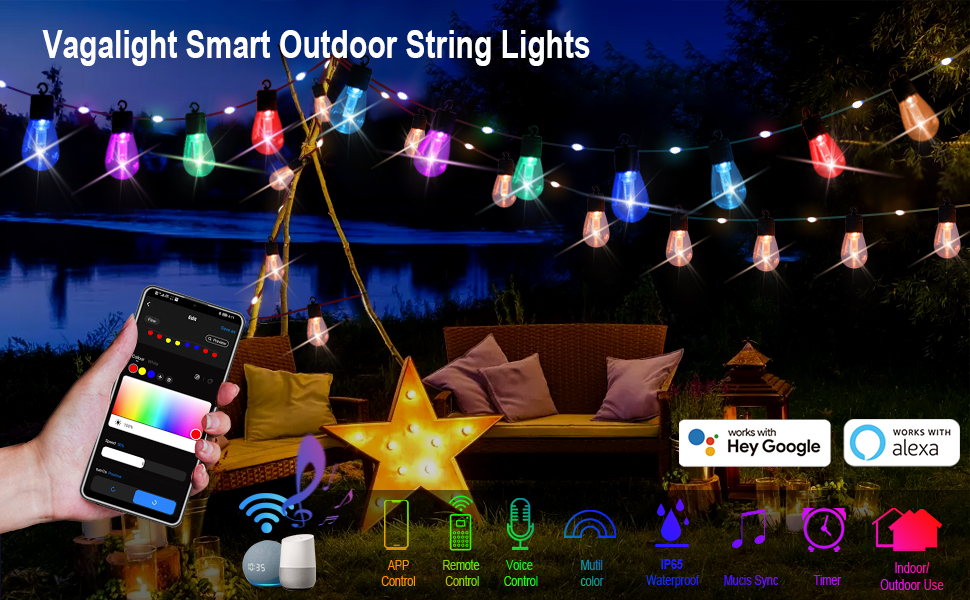 Smart Outdoor String Lights with Remote, 50FT RGB Color Changing Patio