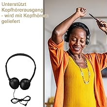 Zwarte bekabelde koptelefoon met snoer naast afbeelding van een vrouw die een draadloze koptelefoon draagt, armen omhoog, lachend.