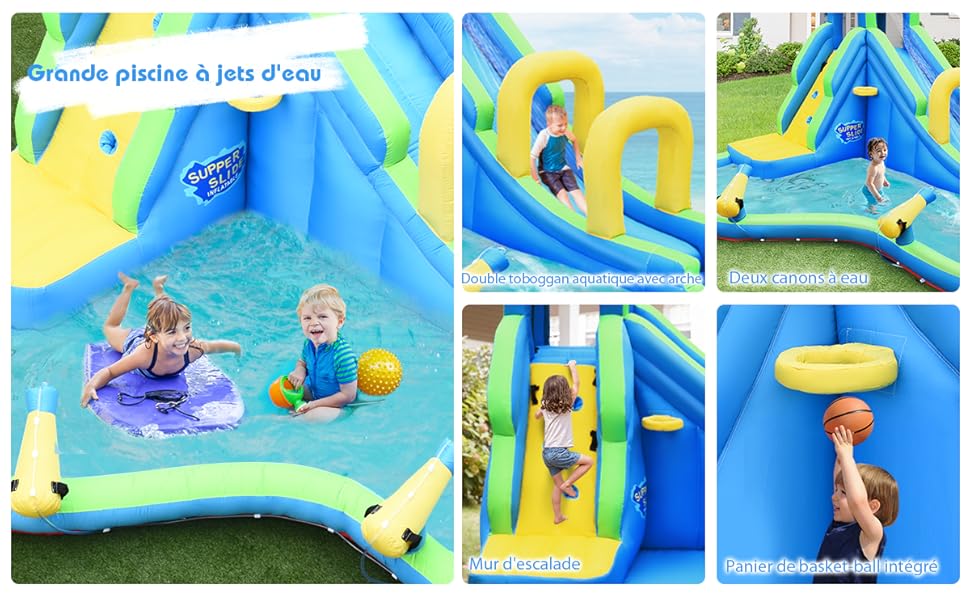RELAX4LIFE Château Gonflable Pour Enfants Avec Toboggan, Piscine, Mur D’Escalade, Aire De Jeux Aquatique Avec Accessoires Et Divertissements Multiples Pour Enfants Plus De 3 Ans, Gonfleur Non Inclus 13 3
