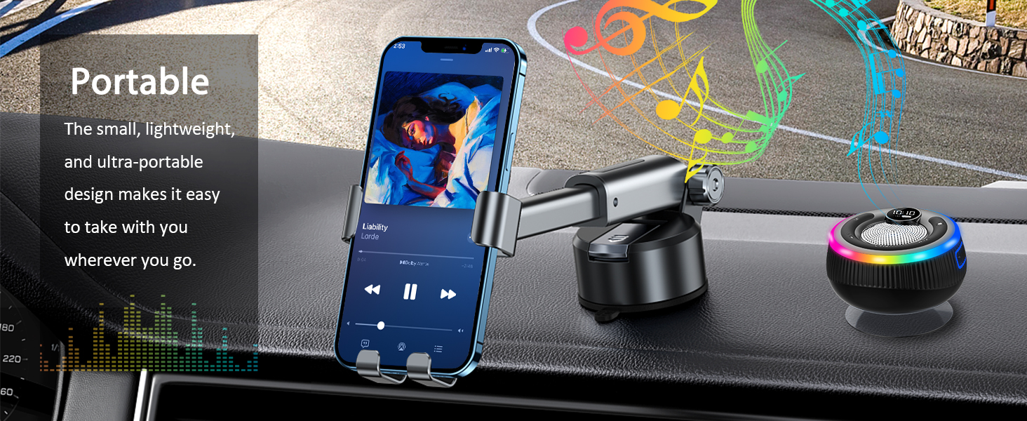 Car dashboard with smartphone mount, colorful disco light, and text highlighting portability. Phone displays music player interface.