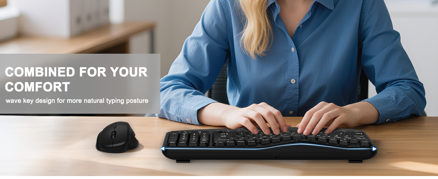 Wireless Keyboard and Mouse Combo Wave Keys Ergonomic Keyboard Wrist Rest Advanced Ergonomic Mouse