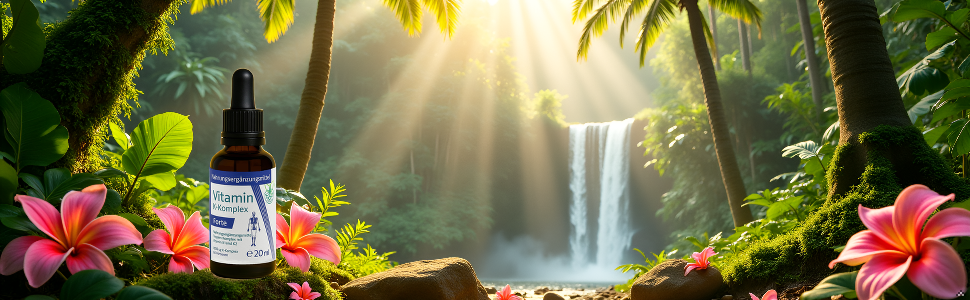 Tropische Landschaftsszene mit Sonnenlicht, das durch Bäume strömt, mit rosafarbenen Plumeriablumen, Wasserfällen und üppigem grünem Laub bei natürlichem Licht.