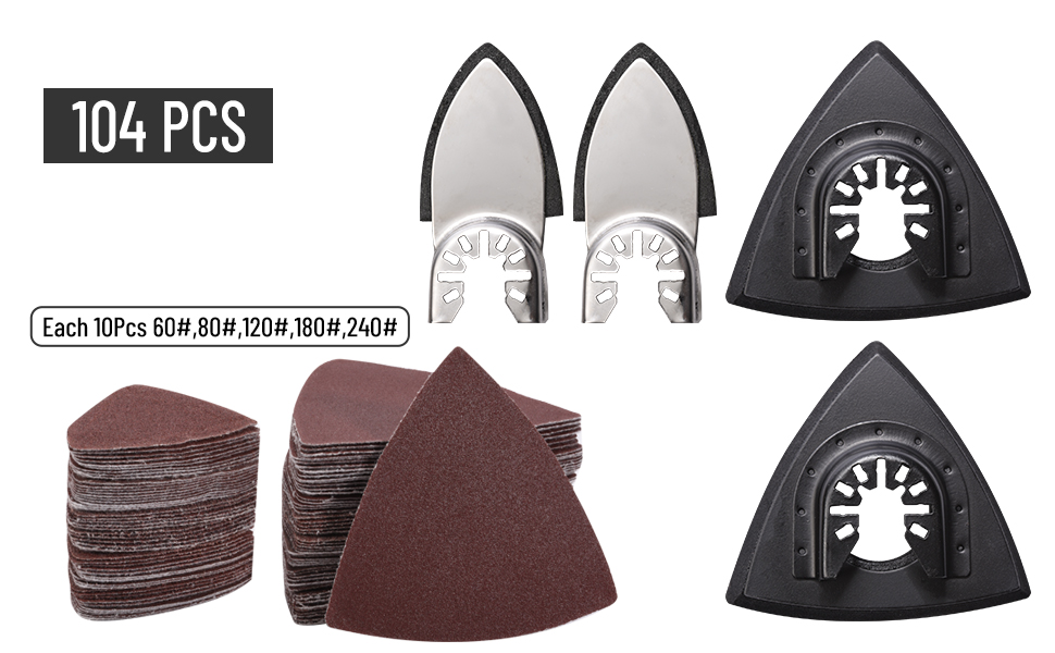 104Pcs Oscillating Tool Detail Sanding Pads Kit, 2Pcs Triangle Sanding