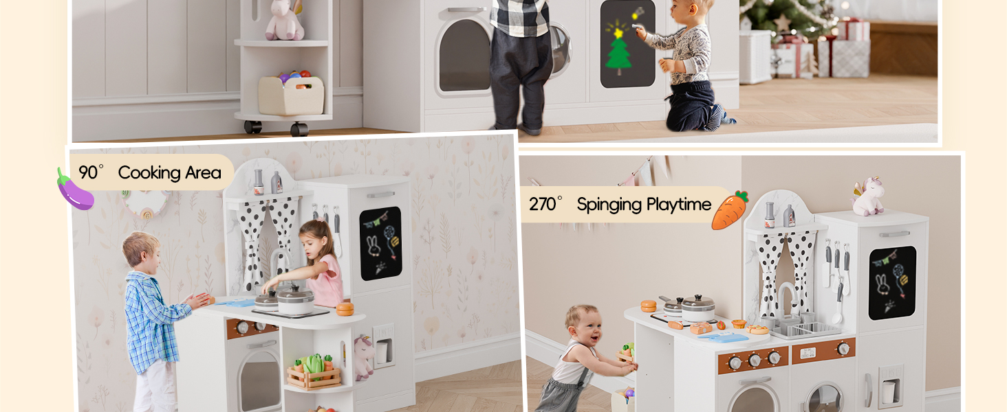Wooden Play Kitchen with 180 Degree Rotation, Interactive