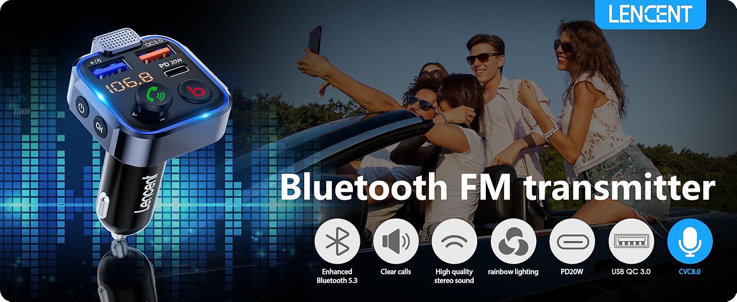 LENCENT Car FM Transmitter, Wireless Bluetooth 5.3 Radio Adapter Car