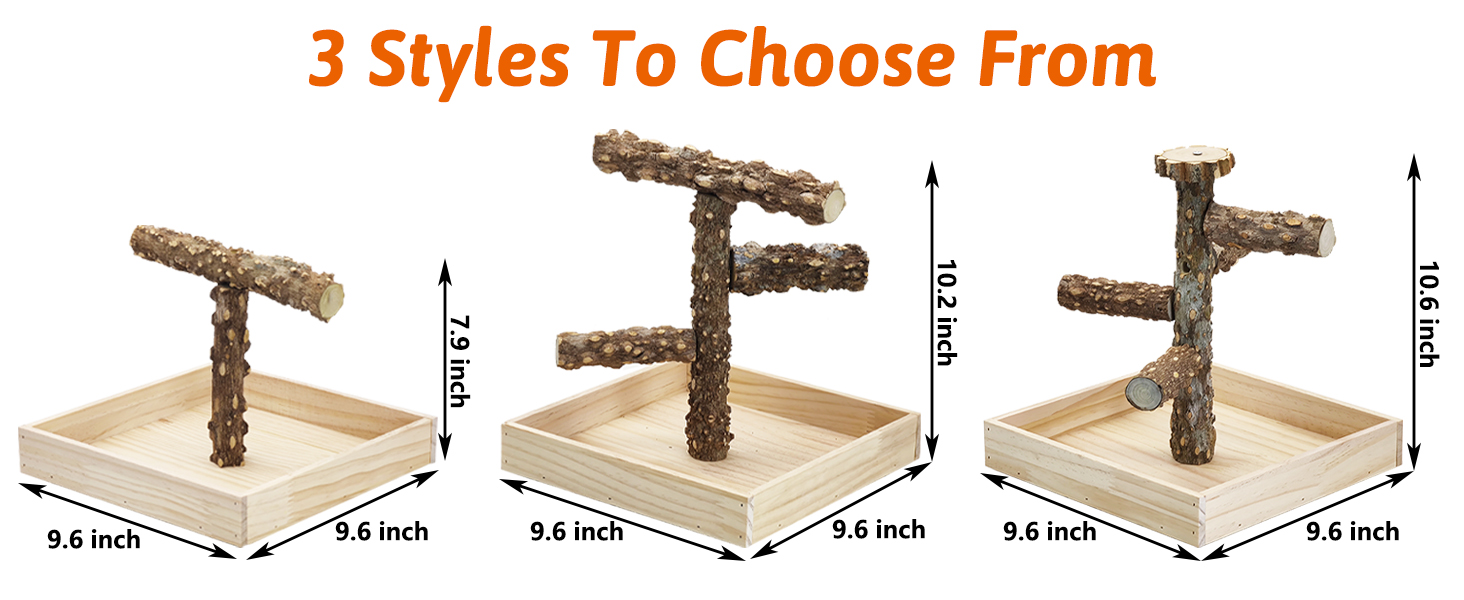 T-shaped perches have 3 styles to choose from, accommodating several parrots at the same time