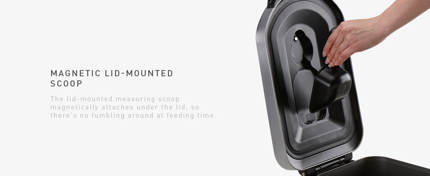 Magnetic Lid-Mounted Scoop | Attaches under the lid, so there's no fumbling around at feeding time