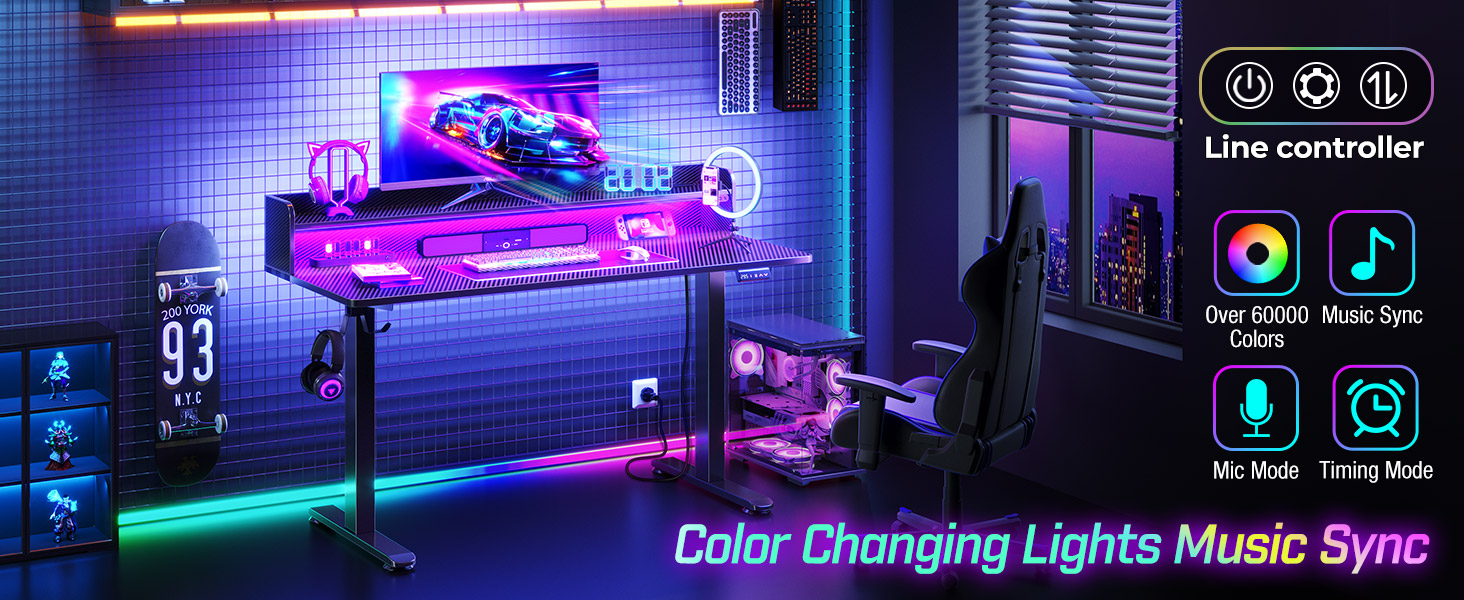 Rolanstar Standing Desk with LED Lights & Charging Station, 47" Height