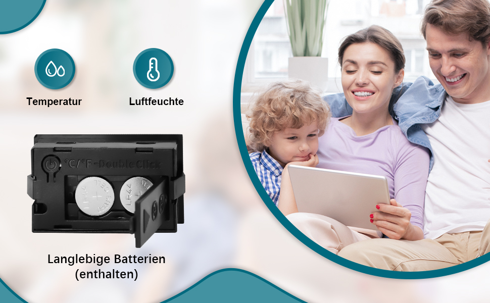 Produktmerkmale: Temperatur- und Luftfeuchtigkeitsüberwachung, langlebige Batterien im Lieferumfang enthalten. Schwarzes Gerät mit abgebildetem Fach. Kreisförmige Symbole stellen Temperatur- und Feuchtigkeitsfunktionen dar.